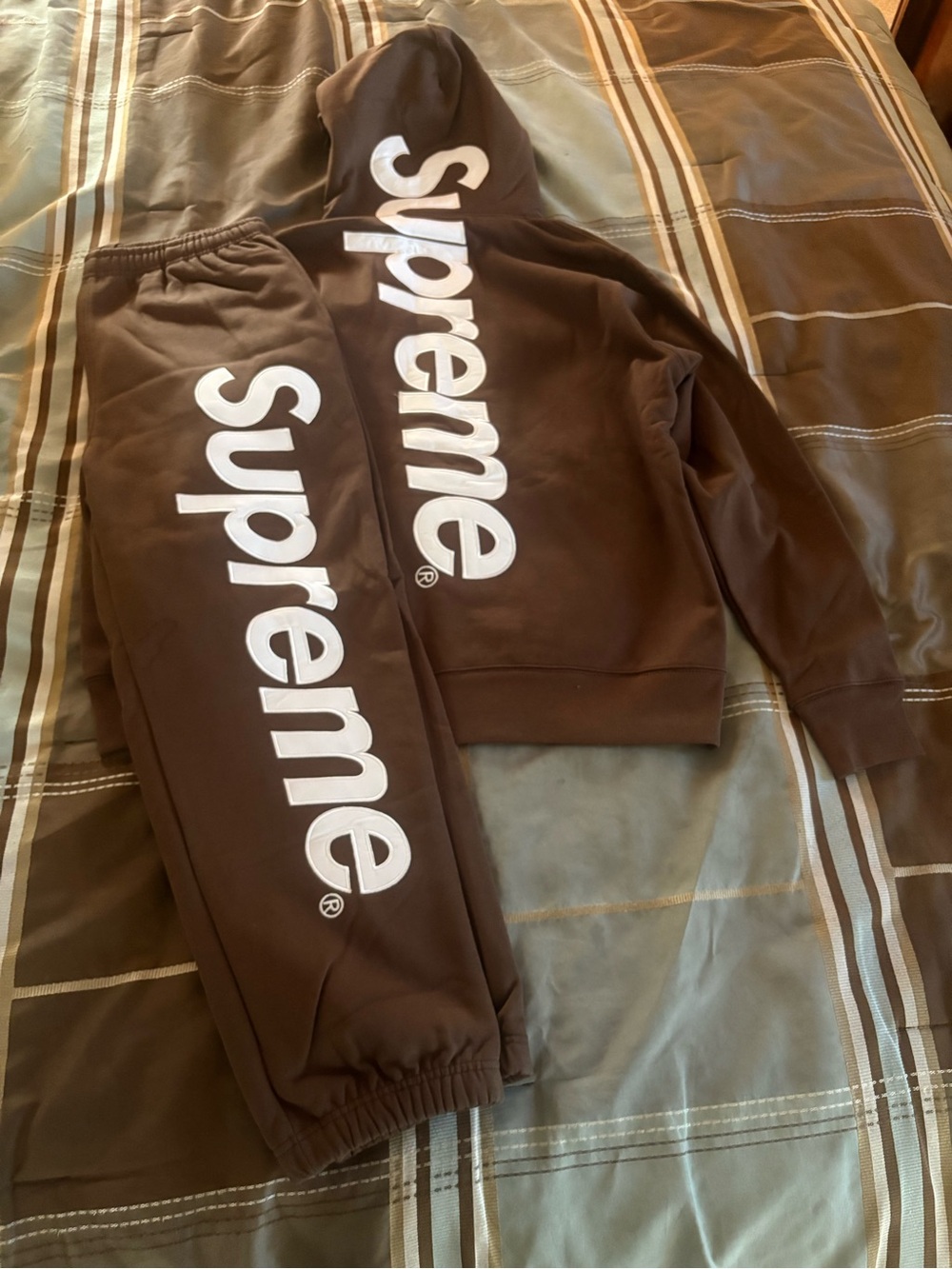 Brown Supreme satin appliqué sweat suit Hoodie and Sweatpants